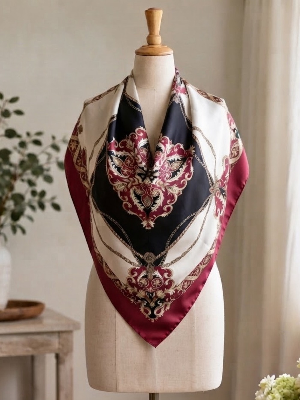Vintage Contessa di Vinci Rome Silk Scarf Burgundy Gold Chain Baroque Print